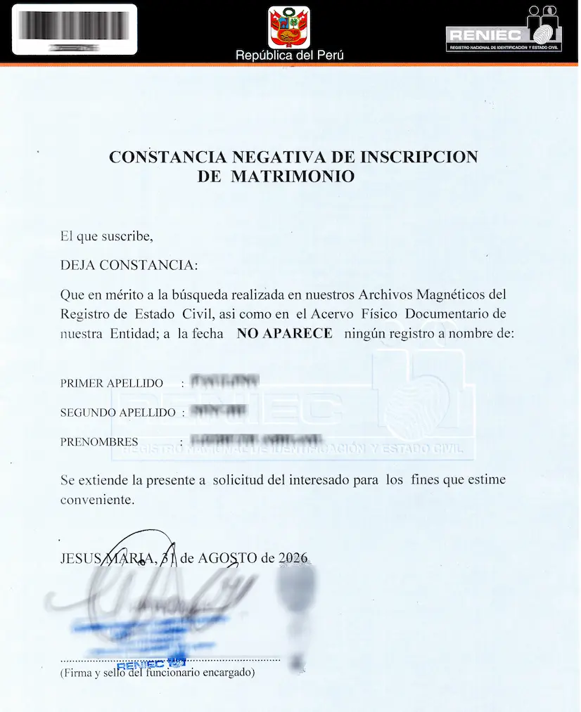 Constancia Negativa de Matrimonio RENIEC